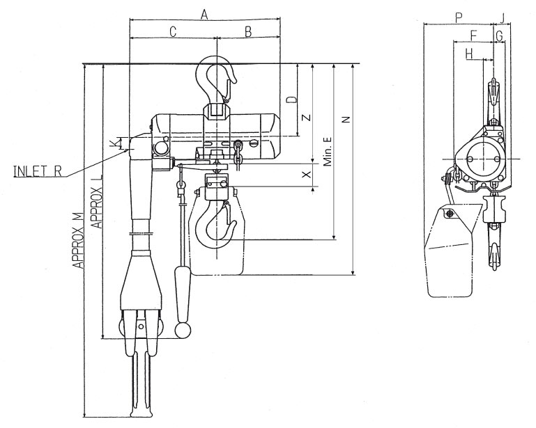 Abmessungen Mini-Druckluftkettenzug TCR-125C