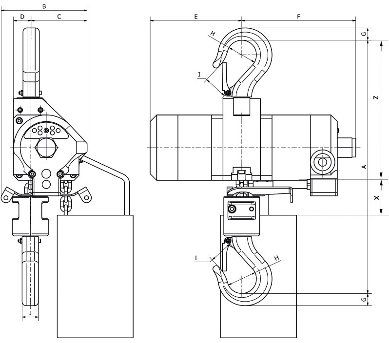 Abmessungen Mini-Druckluftkettenzug TCR-250, TCR-500