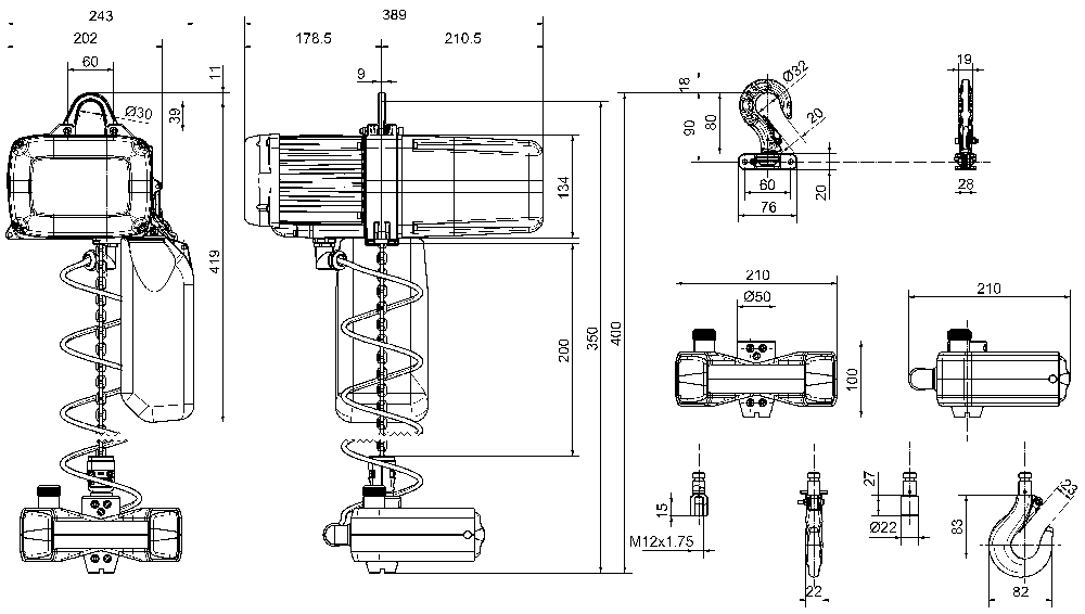 Abmessungen Elektro Kettenzug T-ECH-KH-Lift